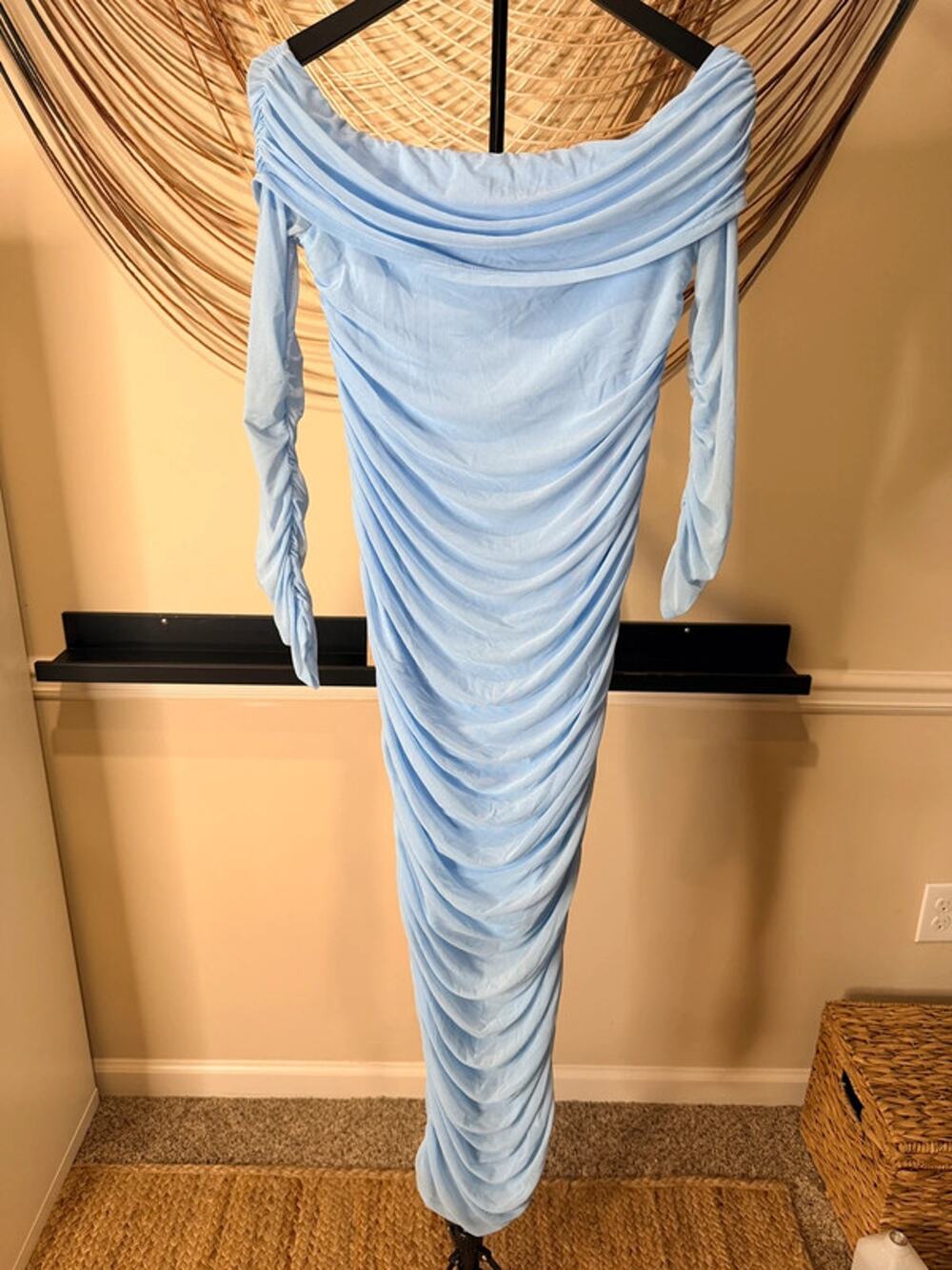 Shein soft blue 6 off shoulder maxi dress ruched 3255